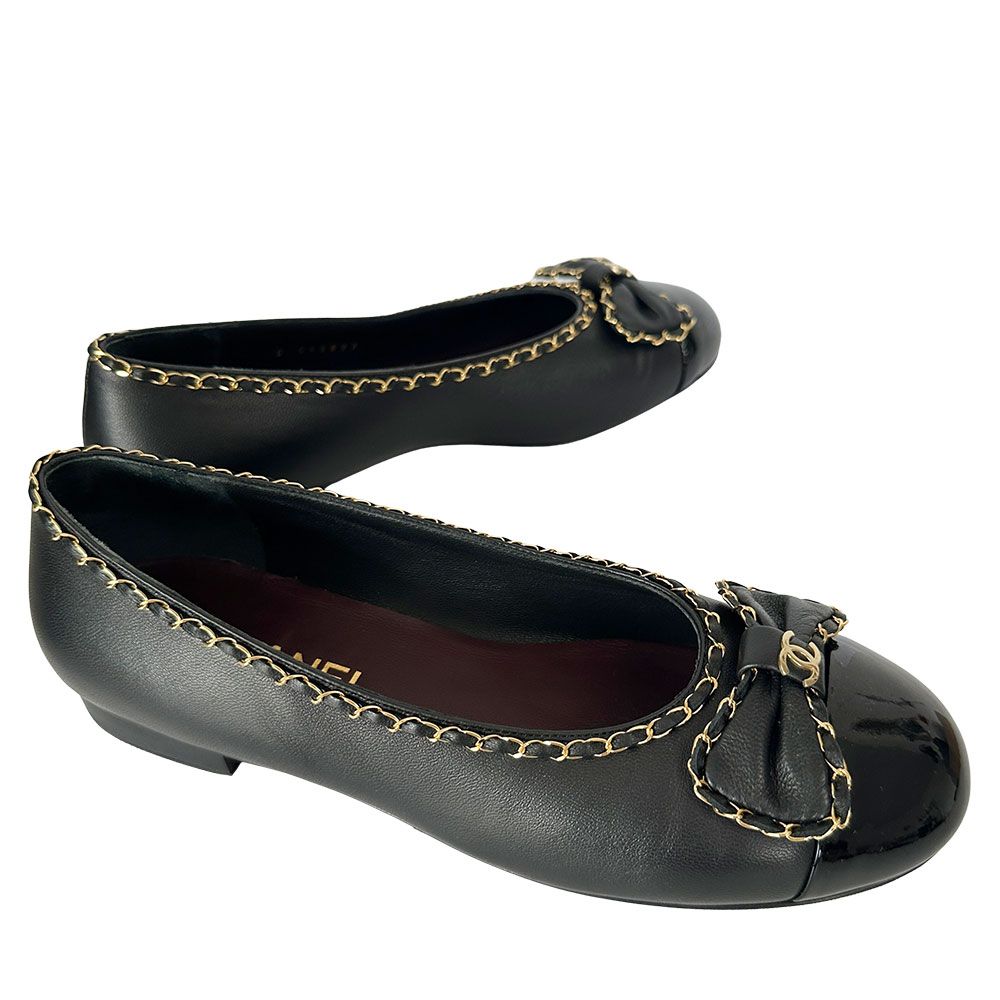 CHANEL レザー パテント ココマーク リボン パンプス ブラック 【公式