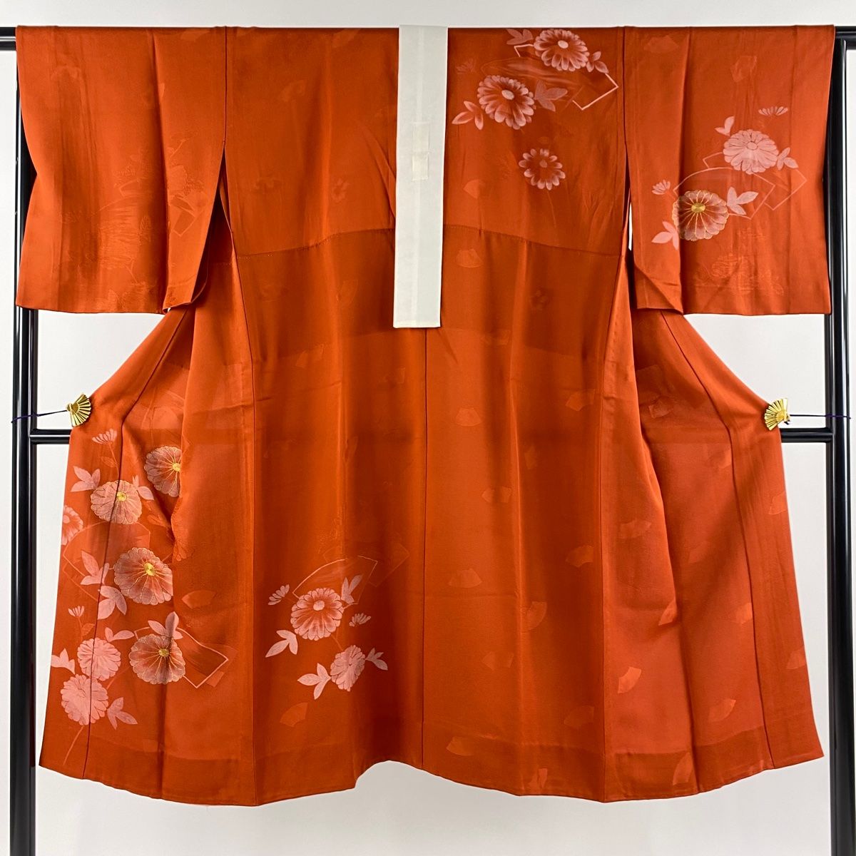 長襦袢 身丈126cm 裄丈63cm S 菊 扇面 金糸 刺繍 赤茶 正絹 秀品