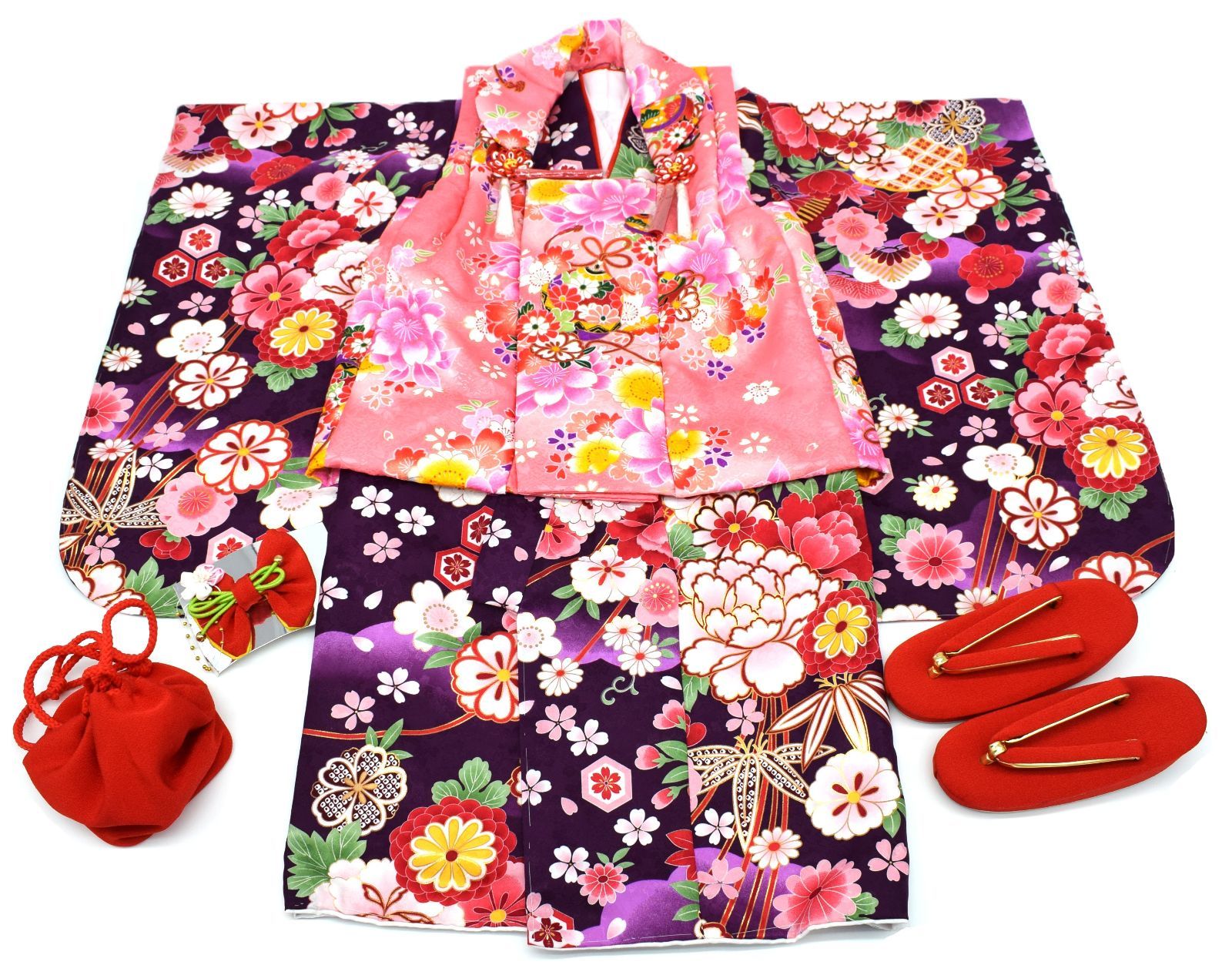 509ab18◎七五三 三歳 男の子 アンティーク着物&被布 レトロ 青紫