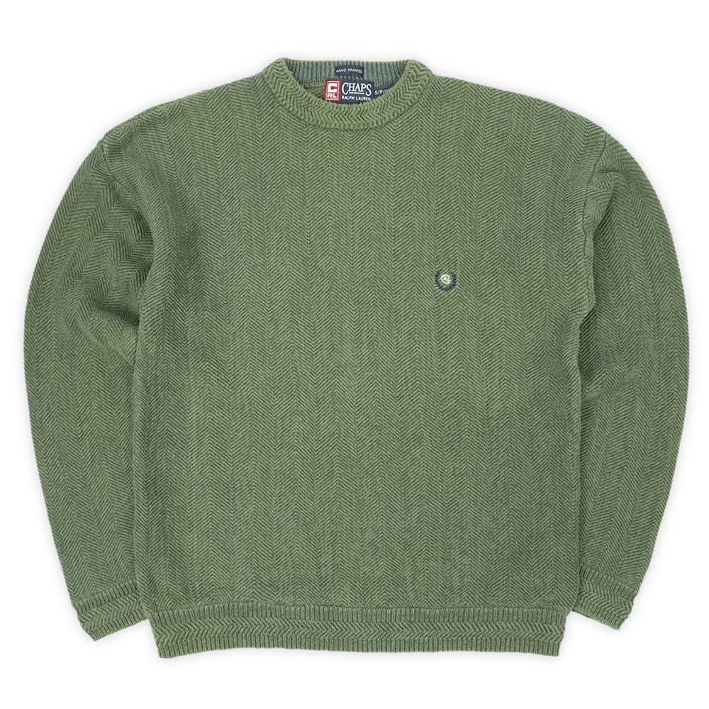 チャップスラルフローレン CHAPS RALPH LAUREN 90s 90年代 ヘリンボーン織り コットンニット クルーネック 旧タグ HBT POLO ポロ ヴィンテージ 古着 セーター オリーブグリーン 緑 S【中古】