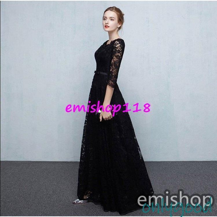ロング丈レースドレス黒ブラック着痩せ7分袖パーティードレス結婚式二次会ドレスロングドレスワンピースレースWP