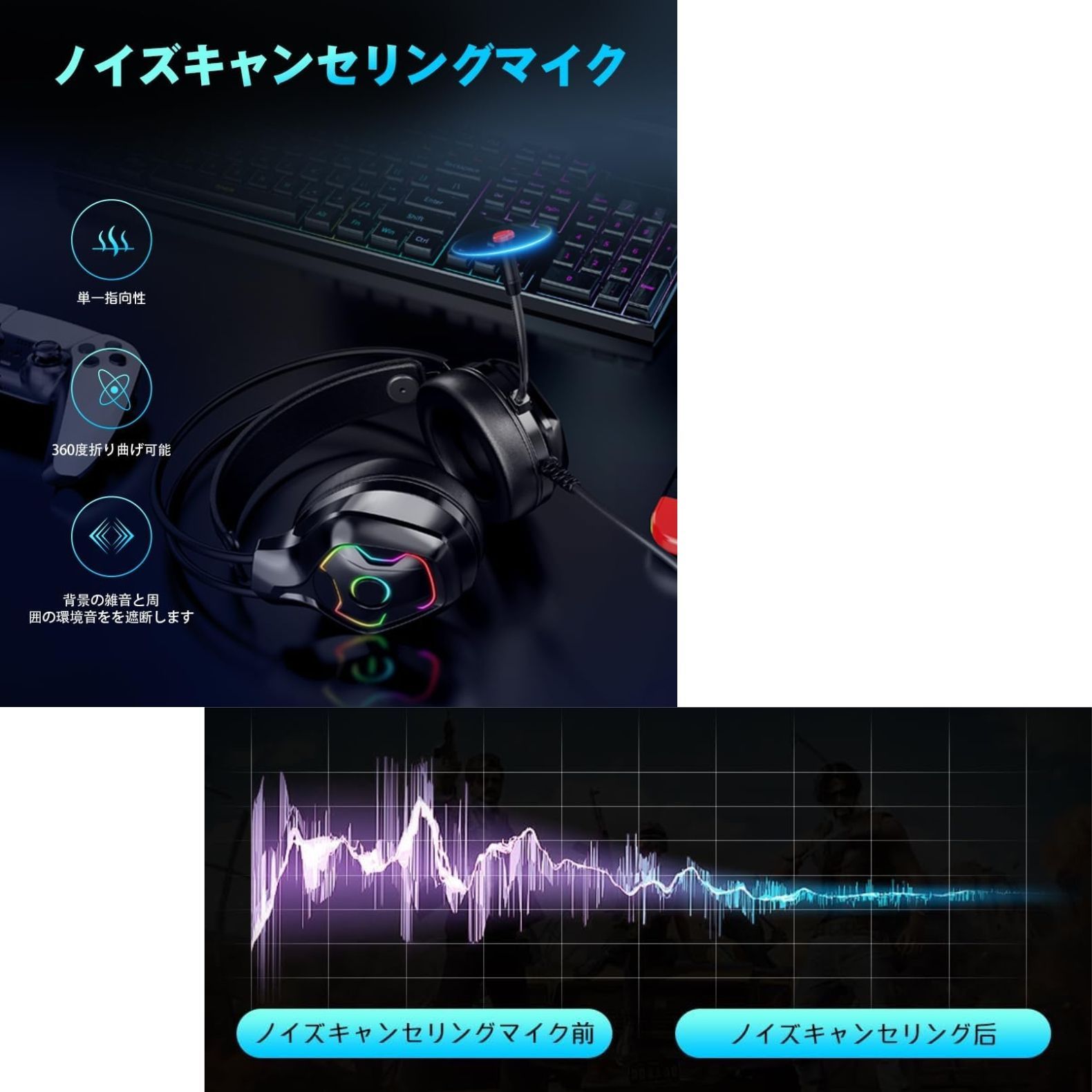 ゲーミングヘッドセット 有線 USB ヘッドセット マイク付き ノイズ