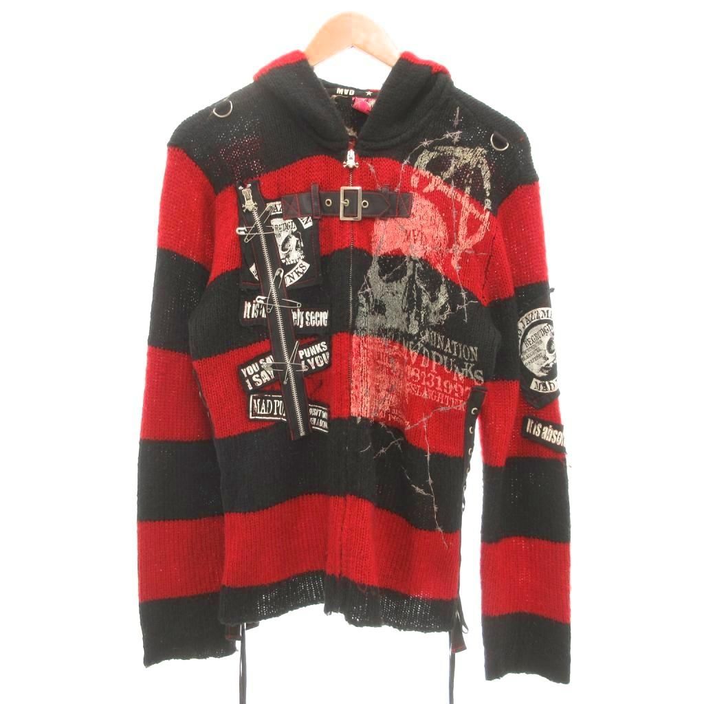 MAD GIRL ジップアップ ニット パーカー ボーダー ネコ耳フード パンク スカルプリント F レッド ブラック UO