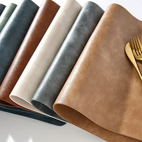グリーン、オフホワイト、グレー、ブラウン、ブラック、ダークブルー_6 Univo Colors ランチョンマット ６枚セット 高質PUレザー 北欧 撥水 防汚 断熱 滑り止め 丸洗いOK 清潔しやすい 華やか 飾り 家庭用 レストラン用（グリーン+オフホワイト