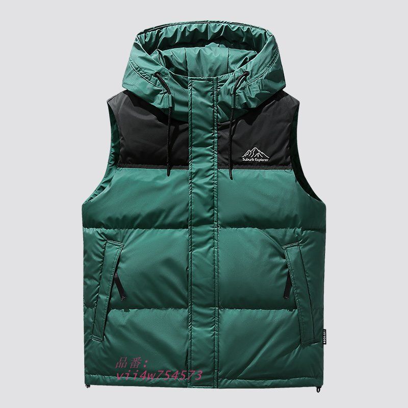 メンズ ダウンベスト 大きい 配色 フード付き 切り替え ワンポイント 作業 ダウンジャケット 刺繍入り おしゃれ 保温 防風 スタッフ アウトドア 防寒 vii4w754573