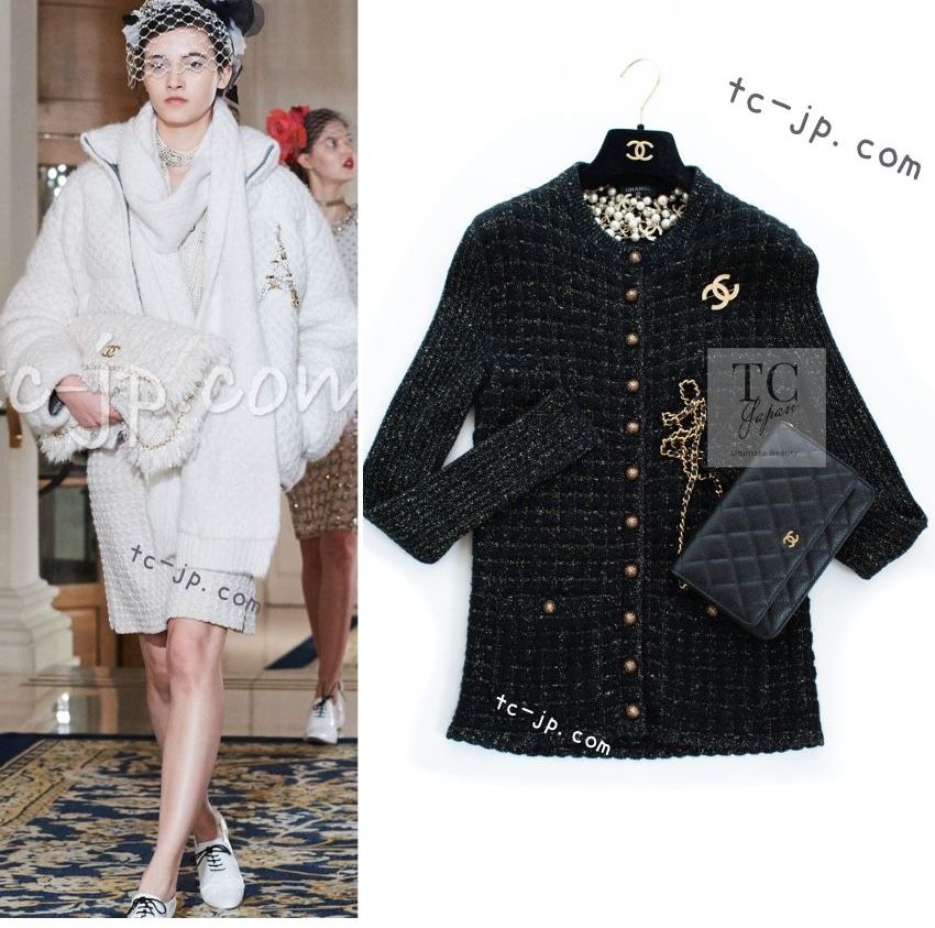 シャネル カーディガン CHANEL ブラック ゴールド ふわふわ ニット ストレッチ ライオン CC ボタン 超 34 カールラガーフェルド メティエダール最高峰