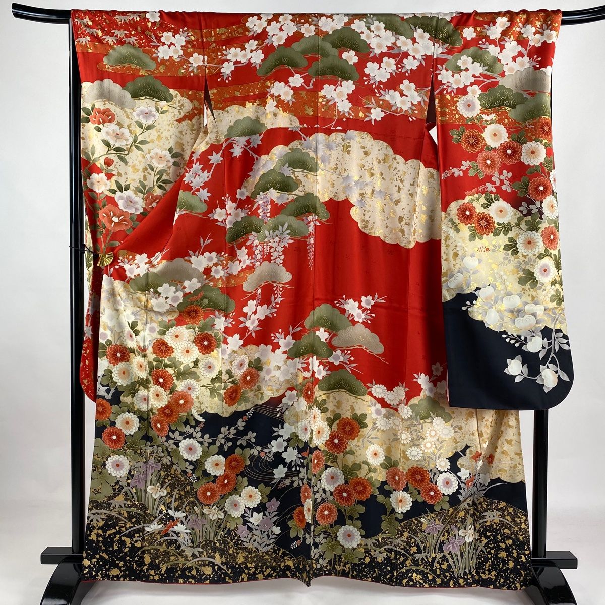 振袖 身丈153.5cm 裄丈68.5cm L 袷 菊 萩 金彩 赤 正絹 名品