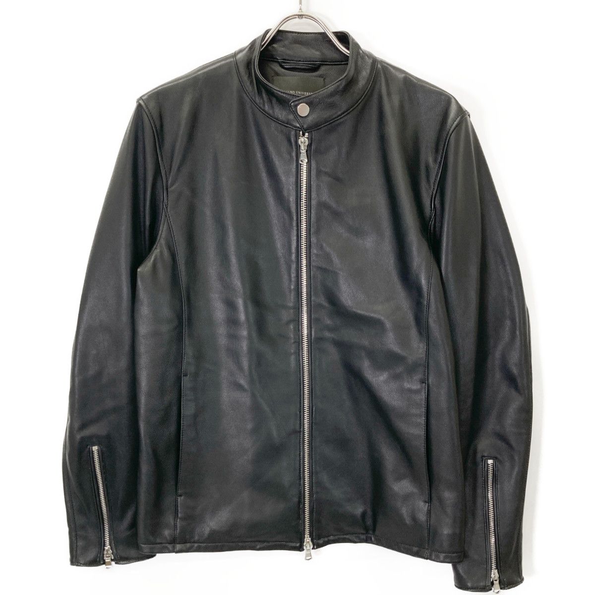 【美品】ナノユニバース黒 ブラック　ラムレザーシングルライダースジャケット M 美品】ナノユニバース シングルライダースジャケット ブラック