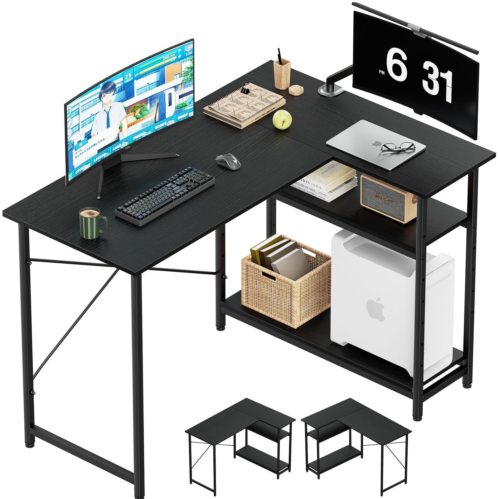 在庫 パソコンデスク 幅110cm 机 pcデスク pcデスク 左右両替対応 コーナーデスク 棚板高さ5段可動 ワークデスク 省スペース l字デスク 書斎 ゲーミング オフィスデスク シンプル L字型 H m 作業机 勉強机 リモートワーク 棚付デ