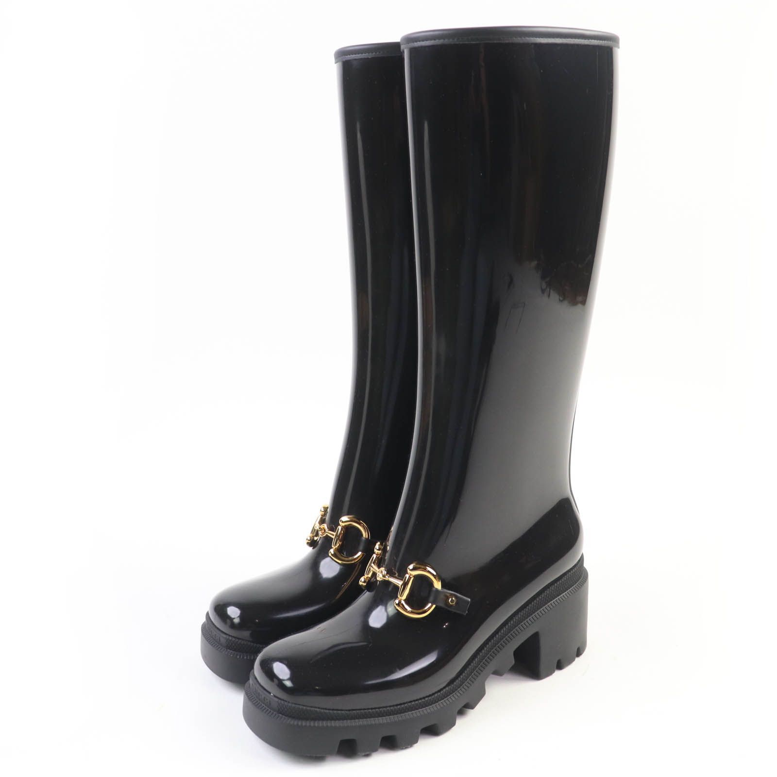 GUCCI グッチ 659707 ホースビット ラバー ロングブーツ レインシューズ ブラック ゴールド金具 36 イタリア製 レディース