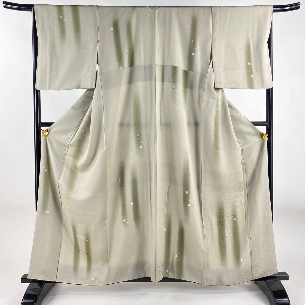 小紋 身丈160cm 裄丈66.5cm M 袷 花びら 地紋 ぼかし 灰緑 正絹 秀品