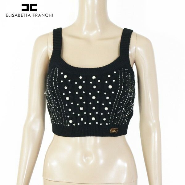 80%OFF エリザベッタフランキ ELISABETTA FRANCHI トップス 38 EKN729 Sサイズ ブラック レディース ウエスト見せトップス ニット パール ラインストーン