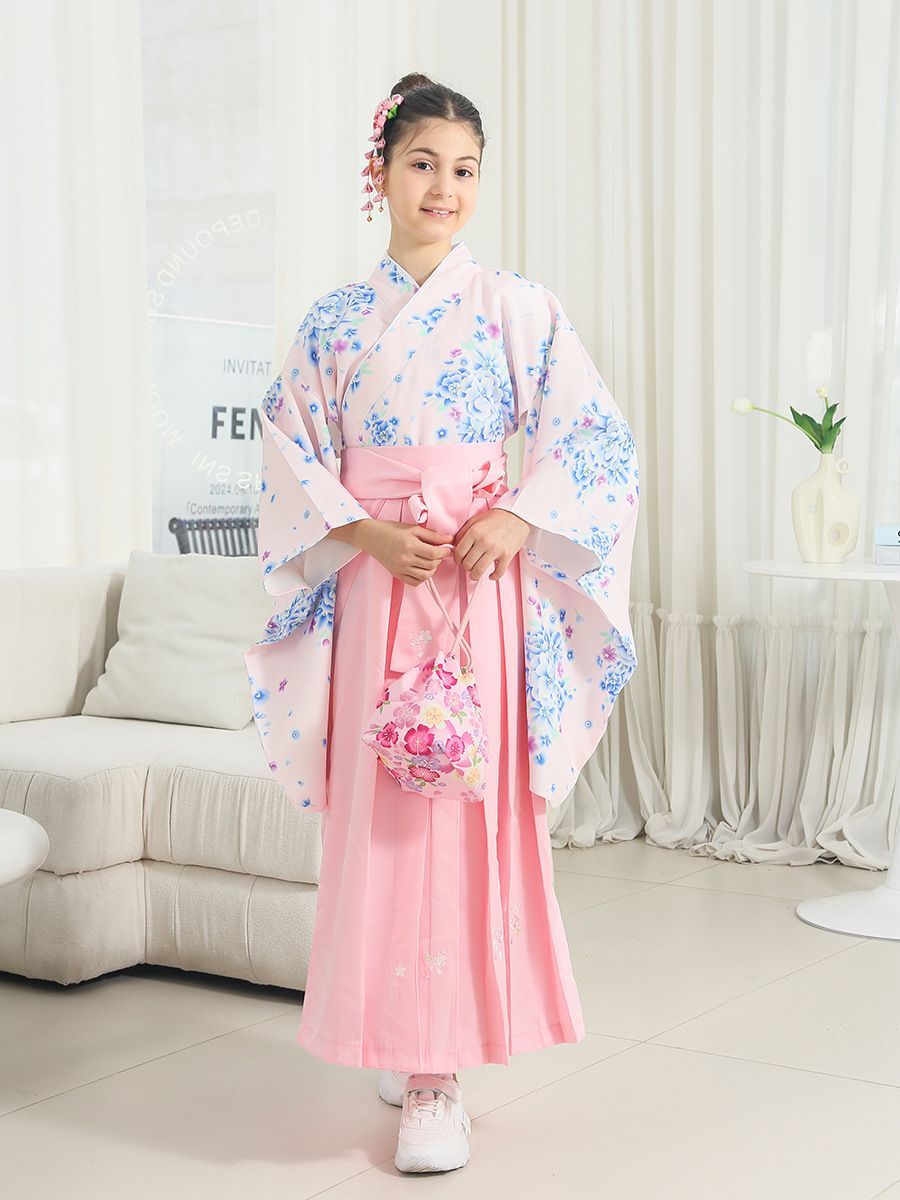 着物 袴セット女の子 ジュニア 4点セット 単衣 袴 ハンドバッグ 髪飾り 卒業式