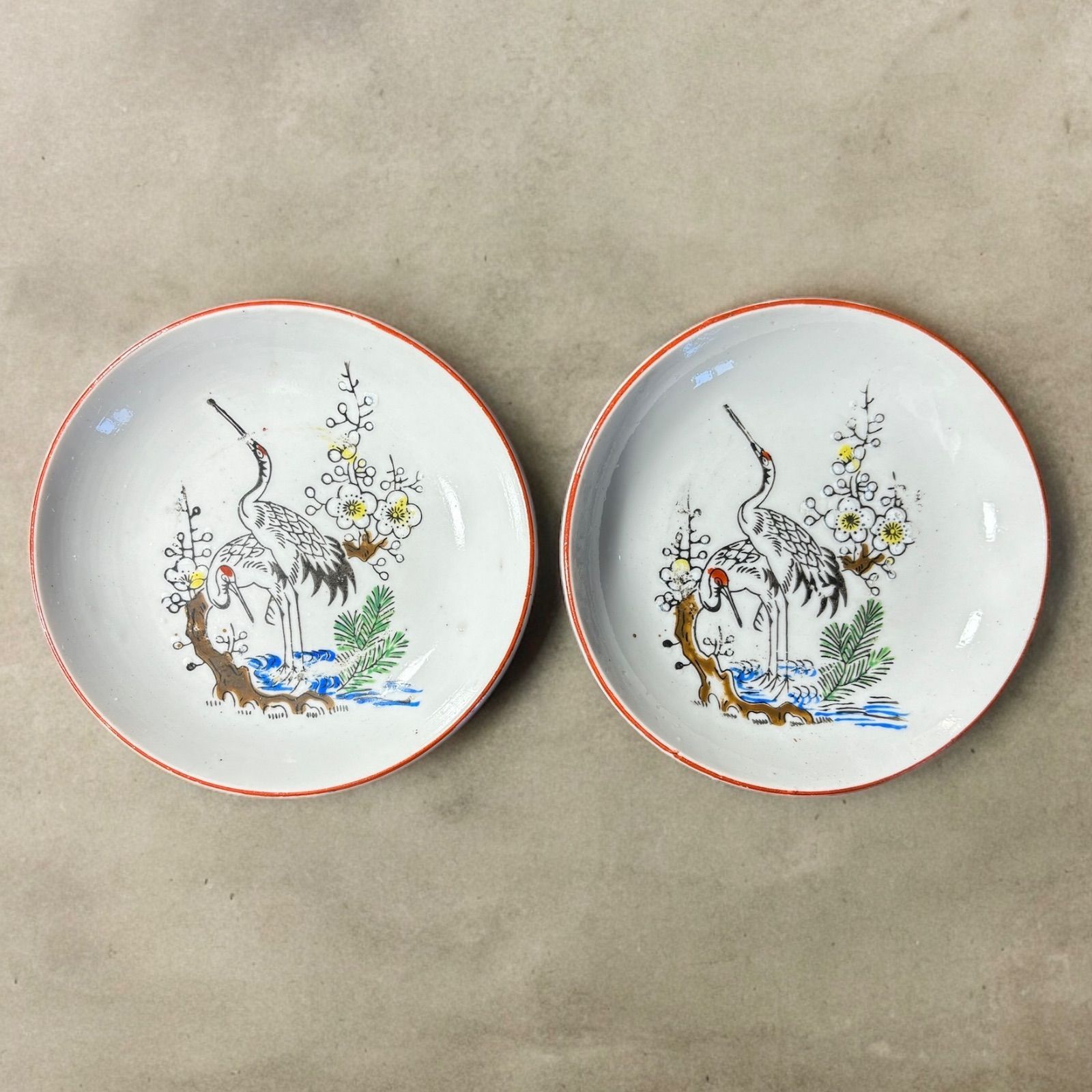 2客セット】色絵 梅 鶴 丸皿 小皿 なます皿 取り皿 飾り皿 絵皿 江戸 