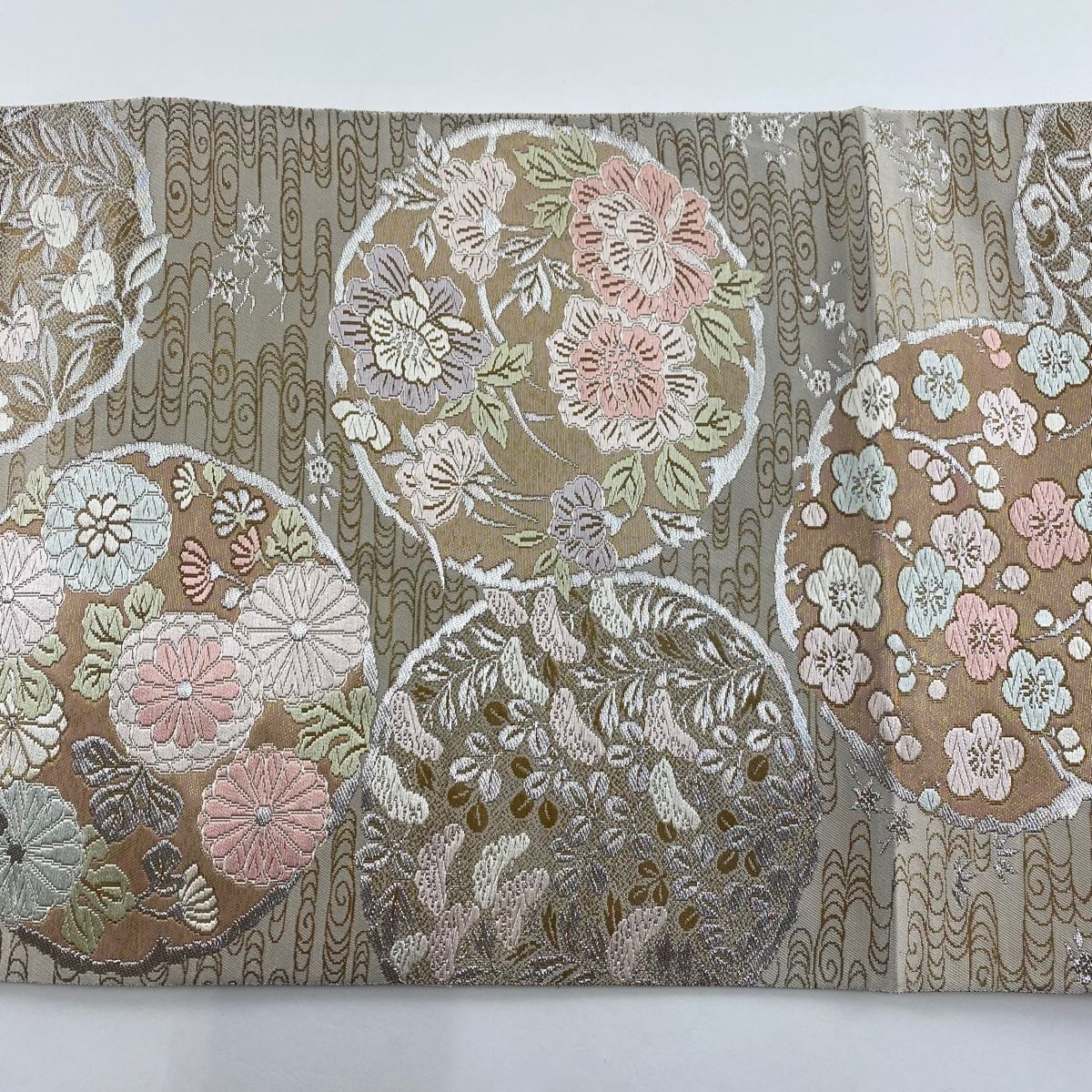袋帯 秀品 服部織物 落款 花丸文 梅 箔 銀糸 灰色 六通 正絹
