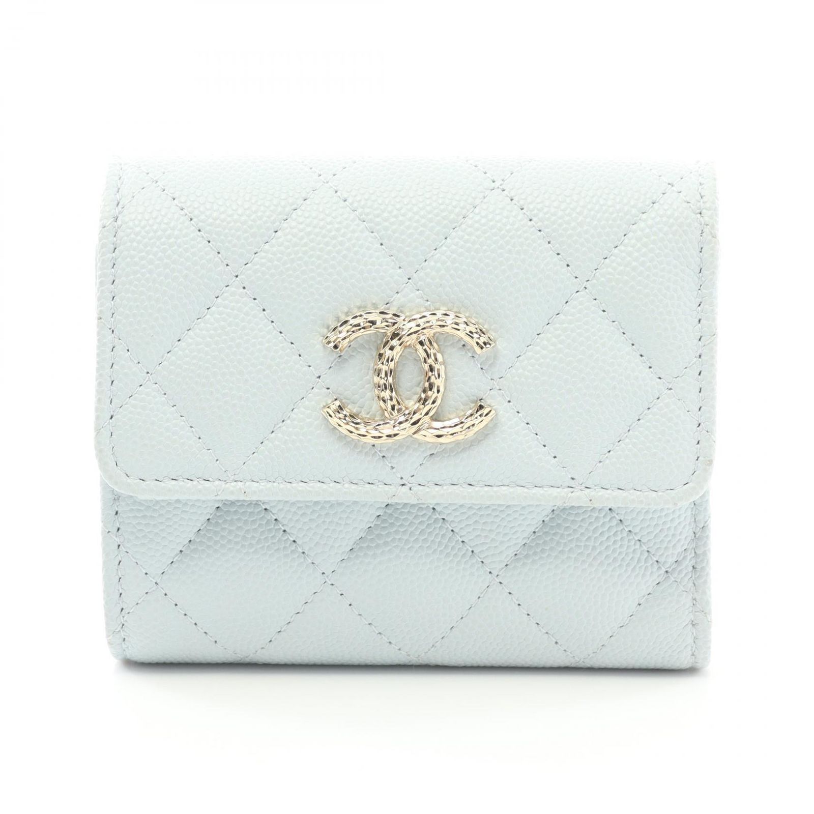 シャネル CHANEL 三つ折り財布 マトラッセ ライトブルー キャビア  