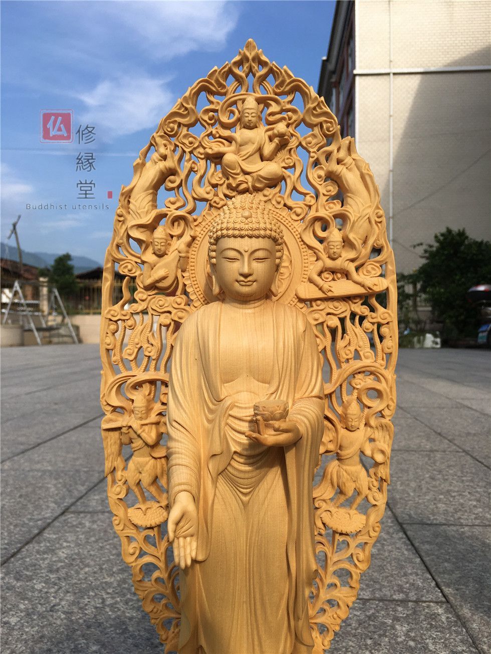 修縁堂】極上品 木彫仏像 阿弥陀如来立像 阿弥陀仏 彫刻 一刀彫