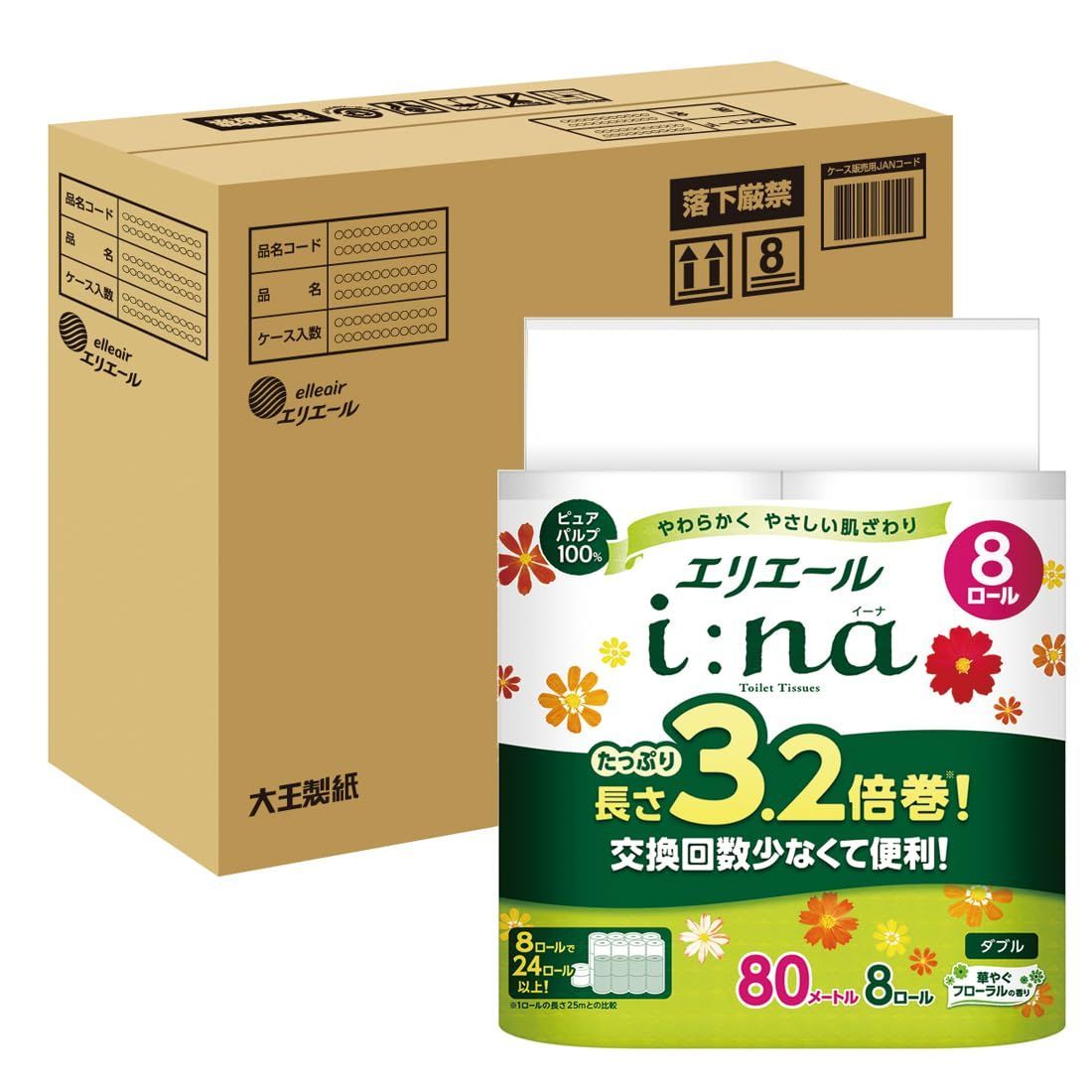 エリエール トイレットペーパー i naイーナ 3.2倍巻き 80m×32ロール 8ロール×4パック ダブル パルプ 華やかなフローラルの香り ハーフケース