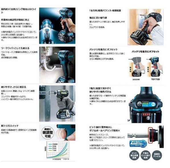 マキタ makita 充電式インパクトドライバ TD173DRGXB ブラック 18V6.0Ah×2 充電器 ケース付 純正品