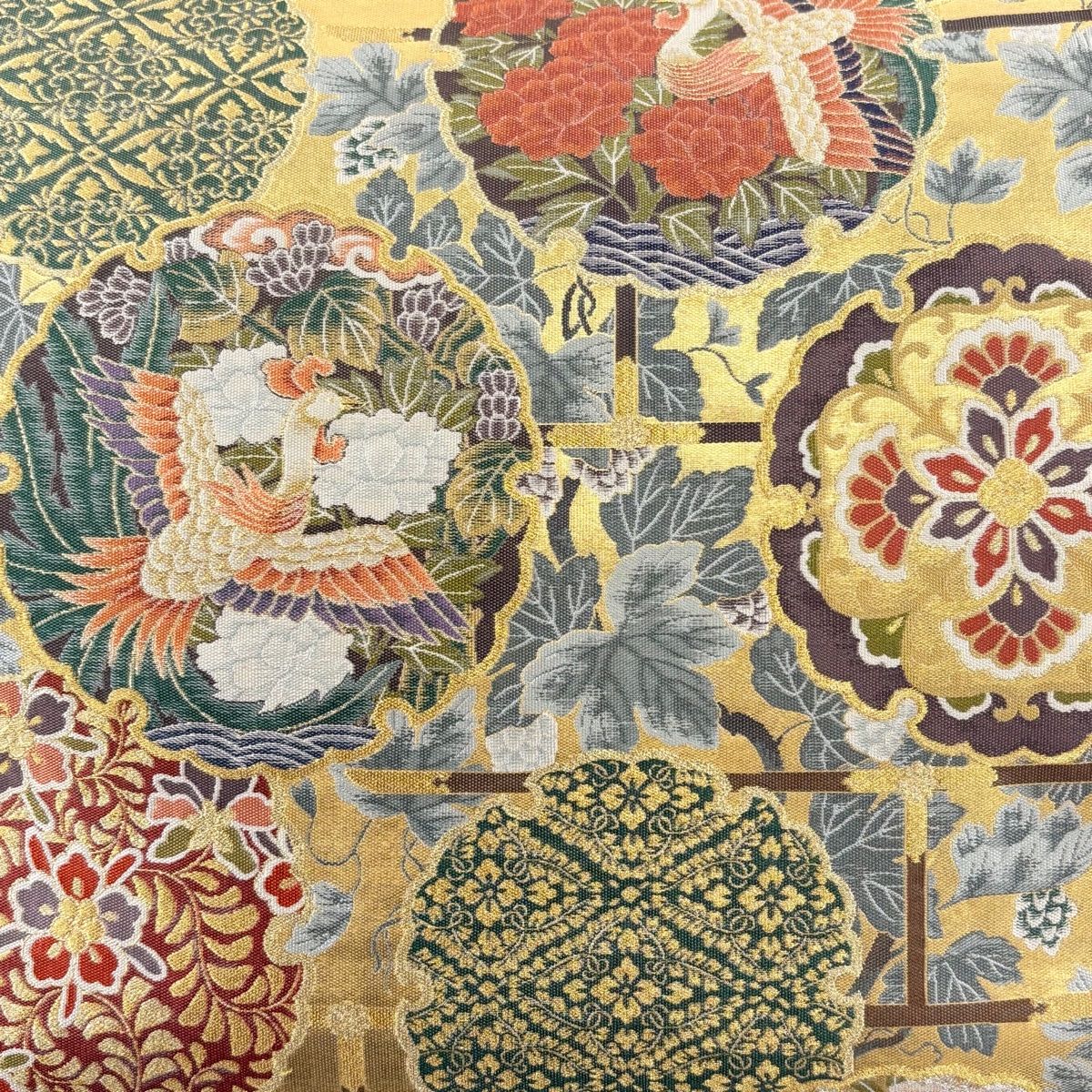 袋帯 秀品 雪輪 花鳥 本金箔 金糸 金色 六通 正絹