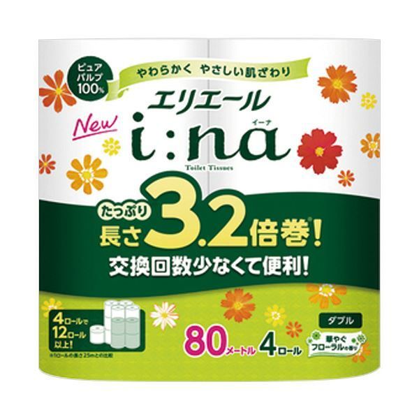 まとめ 大王製紙 エリエールi na イーナ トイレットティシュー 3.2倍巻 ダブル 芯あり 80m 1セット 64ロール 4ロール×16パック ×5セット