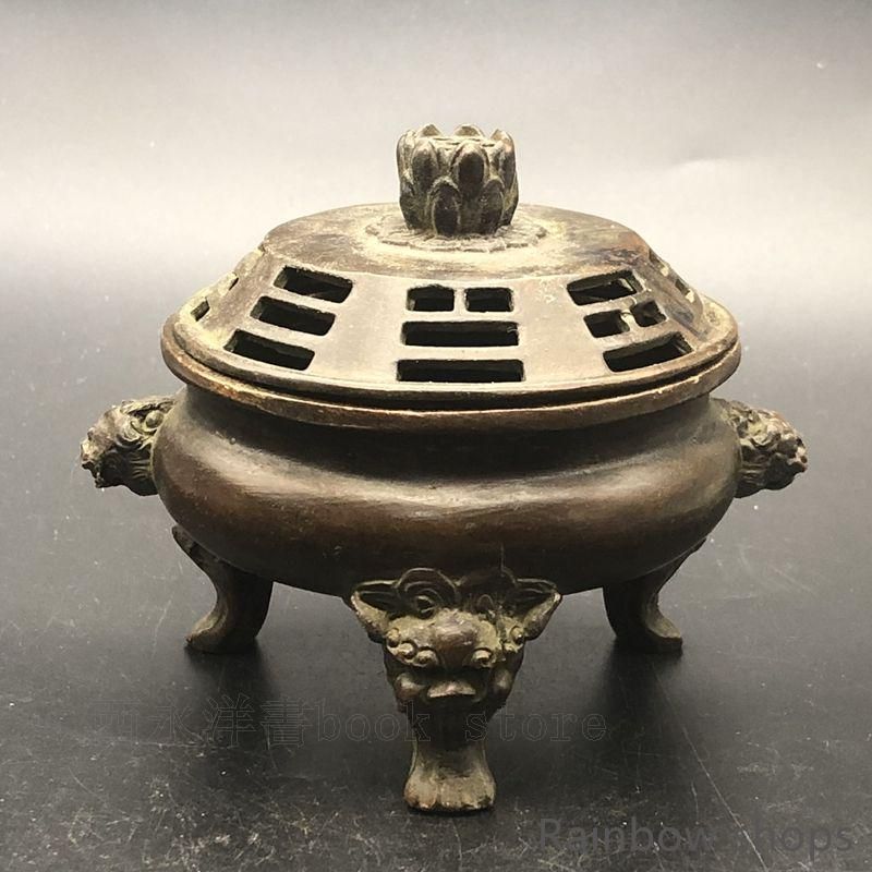 新品未使用】銅器 三足双獅頭香炉 蓮華蓋薫香炉 茶道薫香炉 装飾