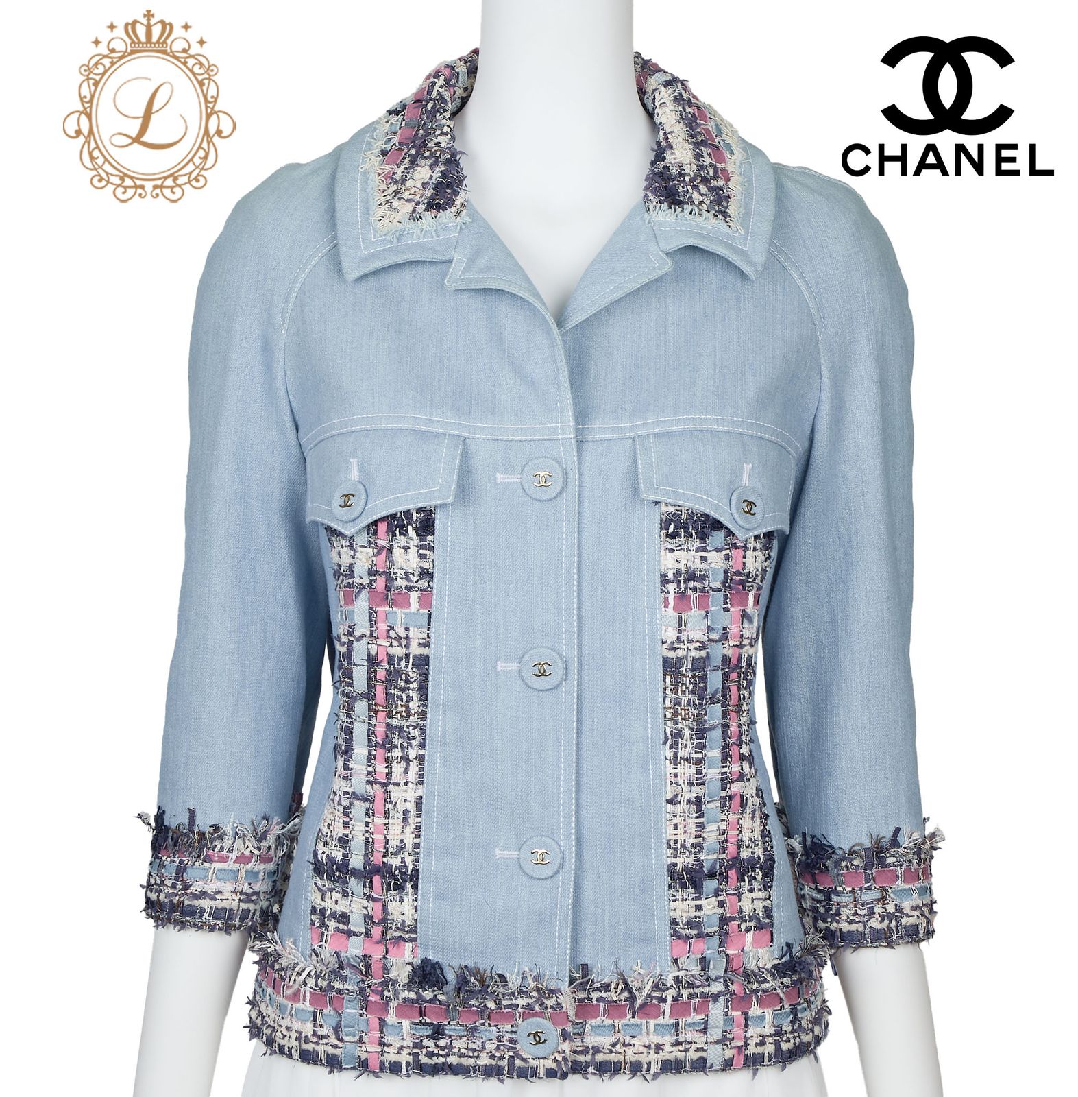 返品可】CHANEL シャネル ココボタン ツイード デニム ジャケット 40  