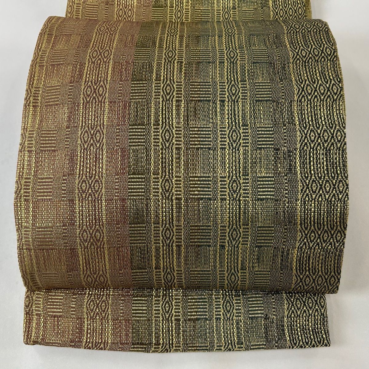袋帯 美品 逸品 格子 幾何学 金糸 金色 全通 正絹 【中古