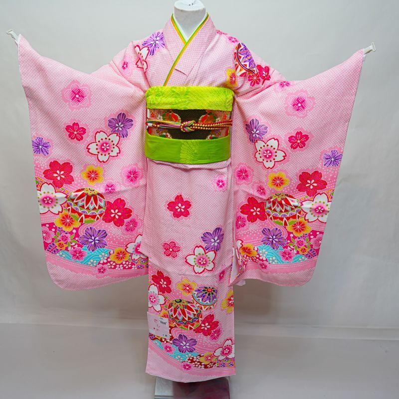 七五三 6歳 7歳 女の子着物 新品帯 正絹 フルセット 赤の鹿子柄