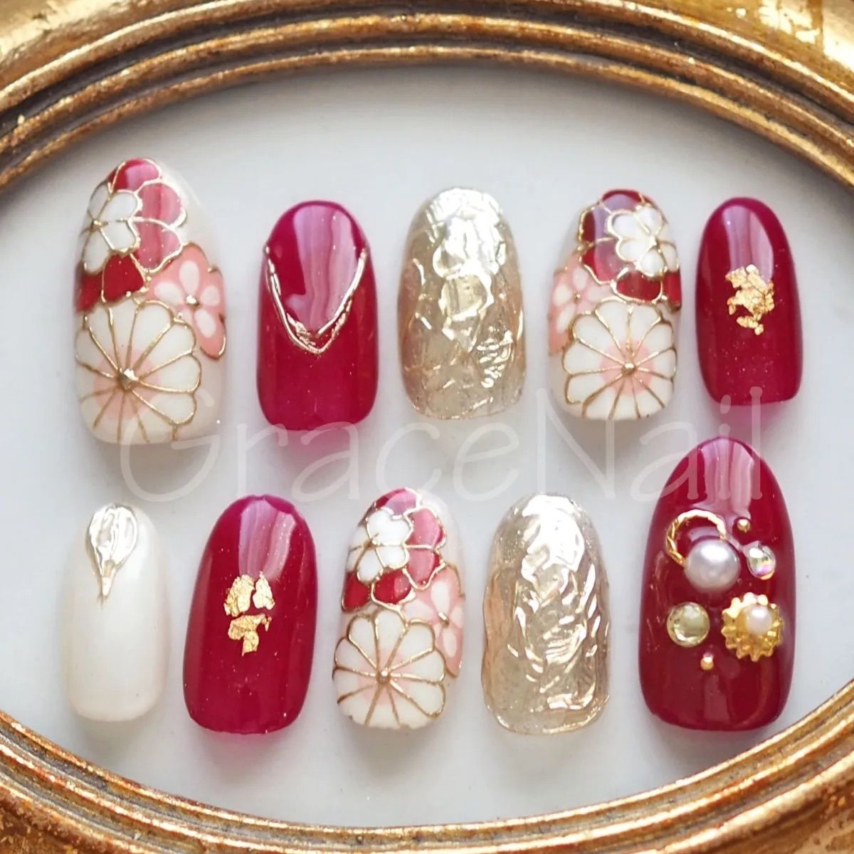 ネイルチップ ショートオーバル 成人式 現品販売 No.2186 現品販売！ネイルチップ ショート 成人式卒業式和柄袴着物振袖