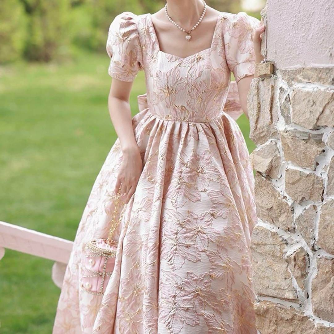レディースファッション 美しい花柄生地のリボン付き パフスリーブ イブニングドレス