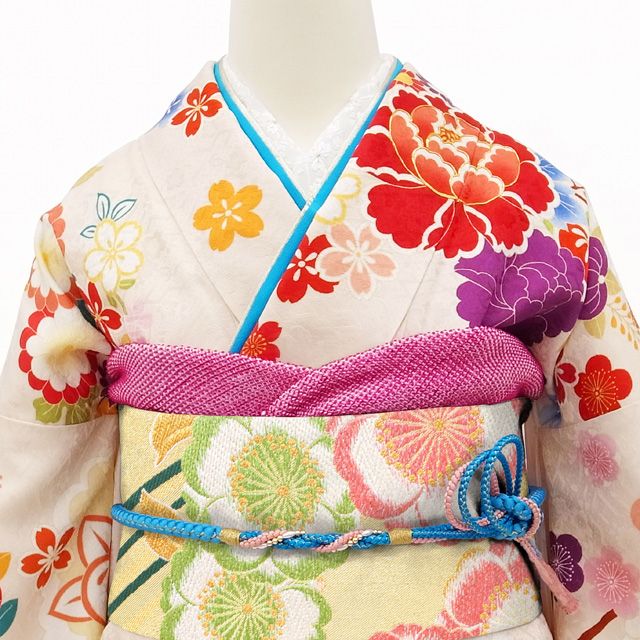 中古】すごい値！袋帯 振袖用 京都 西陣 正絹 金糸 ラメ糸 緑 桜 花 六