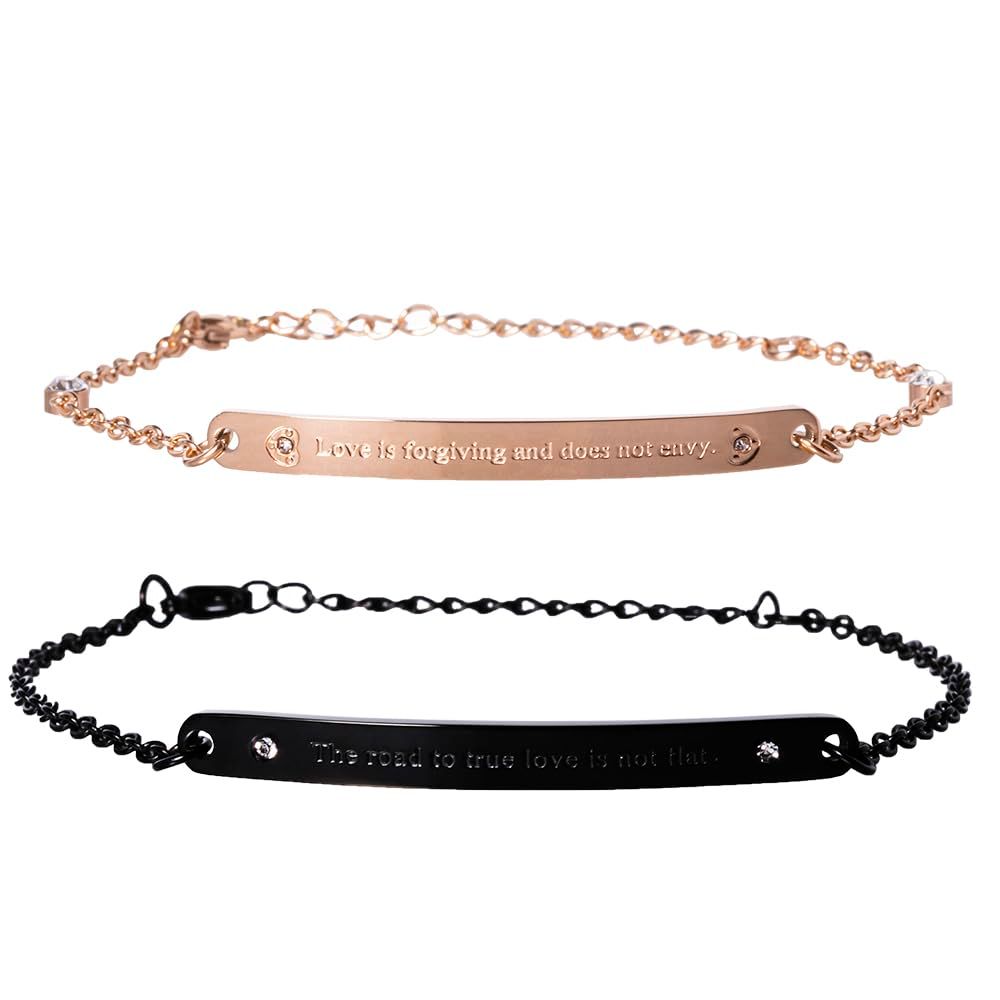 【迅速発送】felicitations ペアブレスレット カップル ステンレス メンズ レディース ブレスレット (ブラック＆ピンクゴールド)