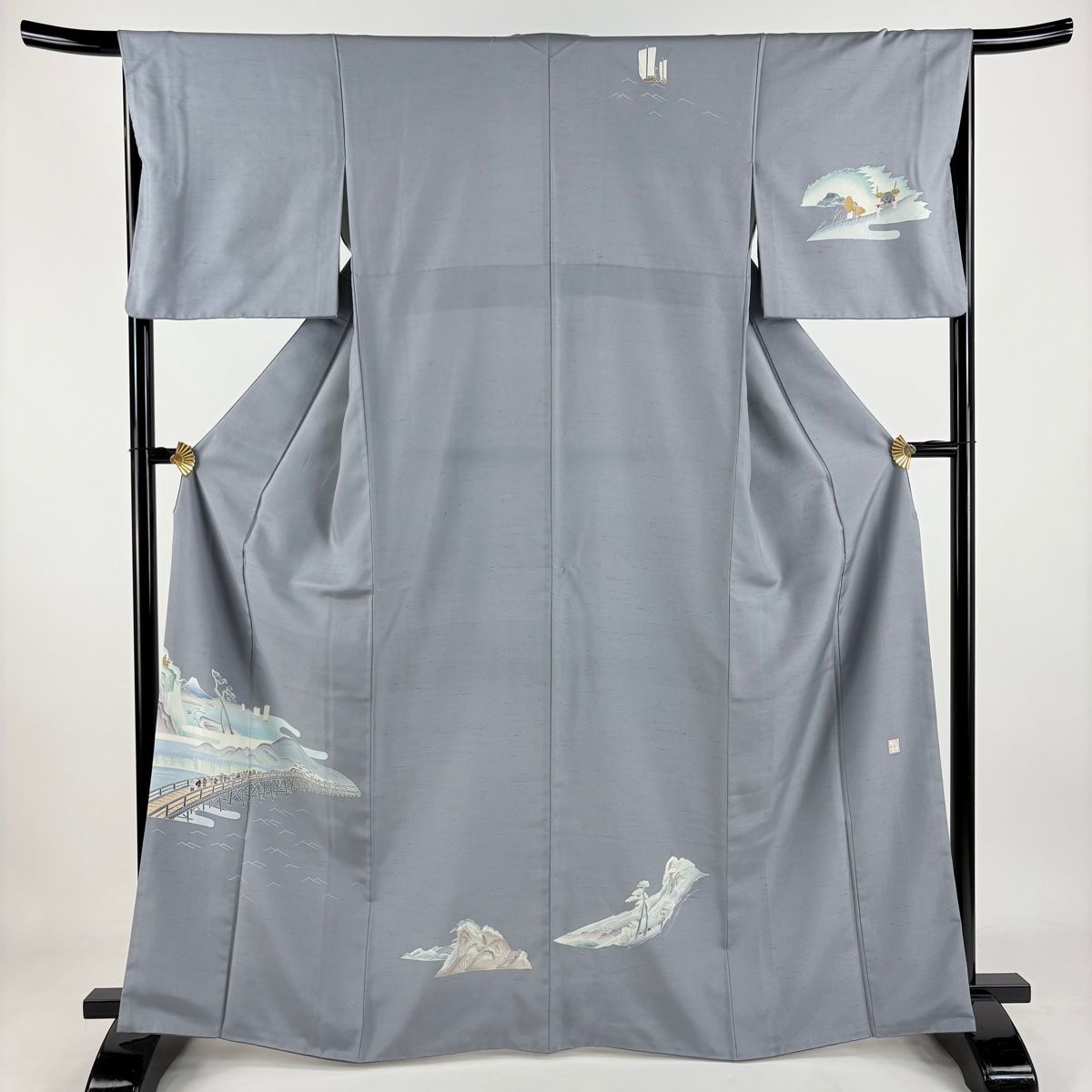 袋帯 美品 逸品 風景 霞 金糸 箔 灰緑 お太鼓柄 正絹 中古 袋帯 美品 秀品 樹木 霞 金銀糸 灰緑 お太鼓柄 正絹 中古 袋帯