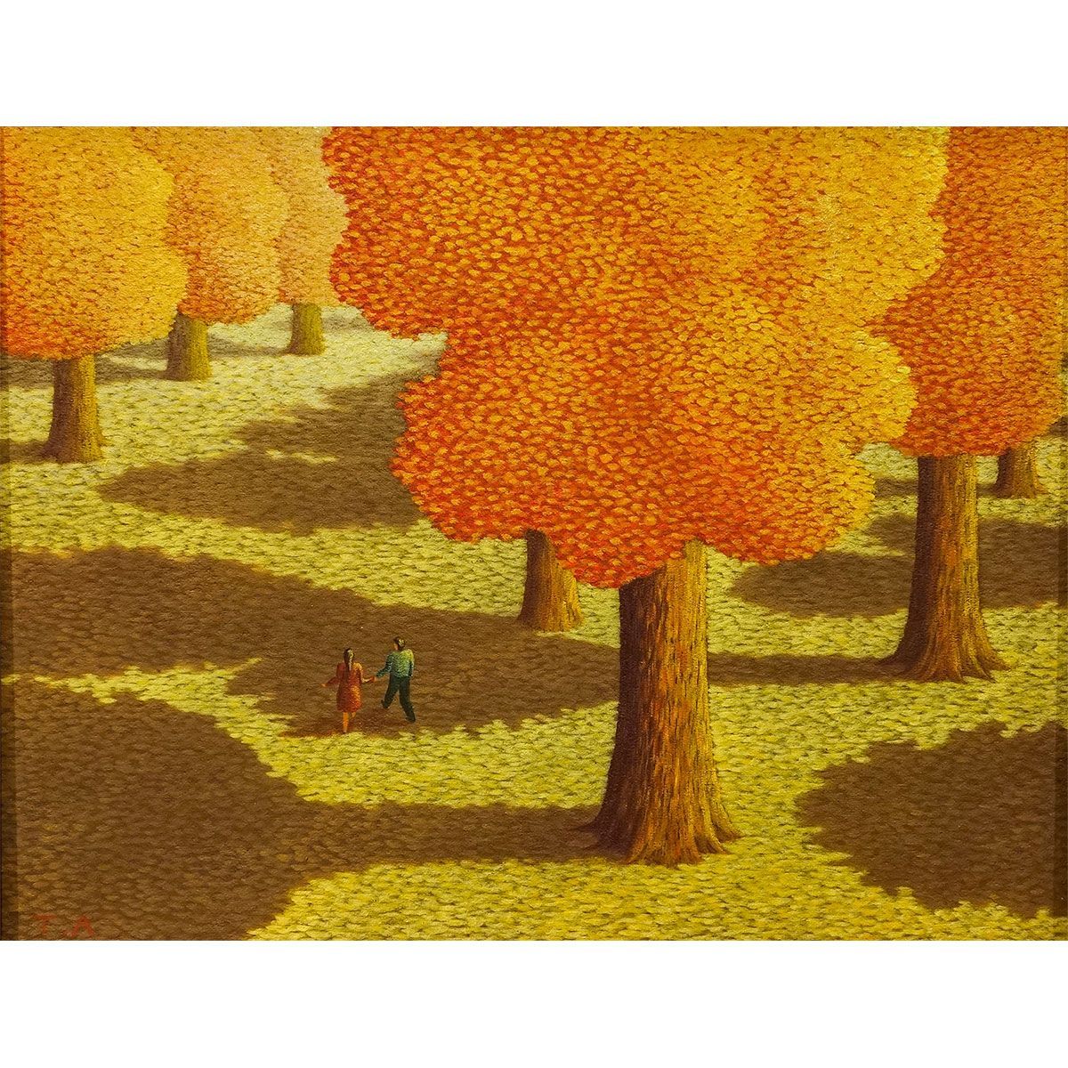 油彩画 F6号 朝隈敏彦 夢の中へ 油絵 額入り 真筆 手描き 肉筆画 風景画 人物画 秋 手をつなぐ恋人達 應美会 YE510