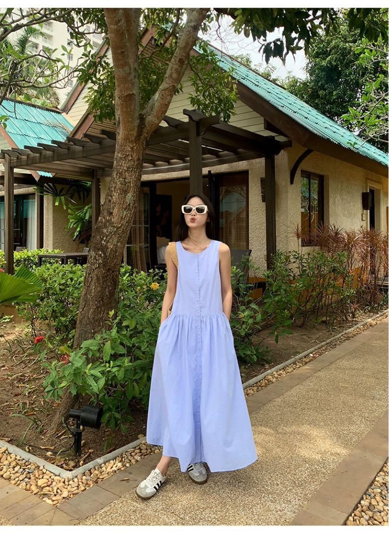 ノースリーブチェック柄ロングワンピース 夏秋デートに最適ゆったり可愛い