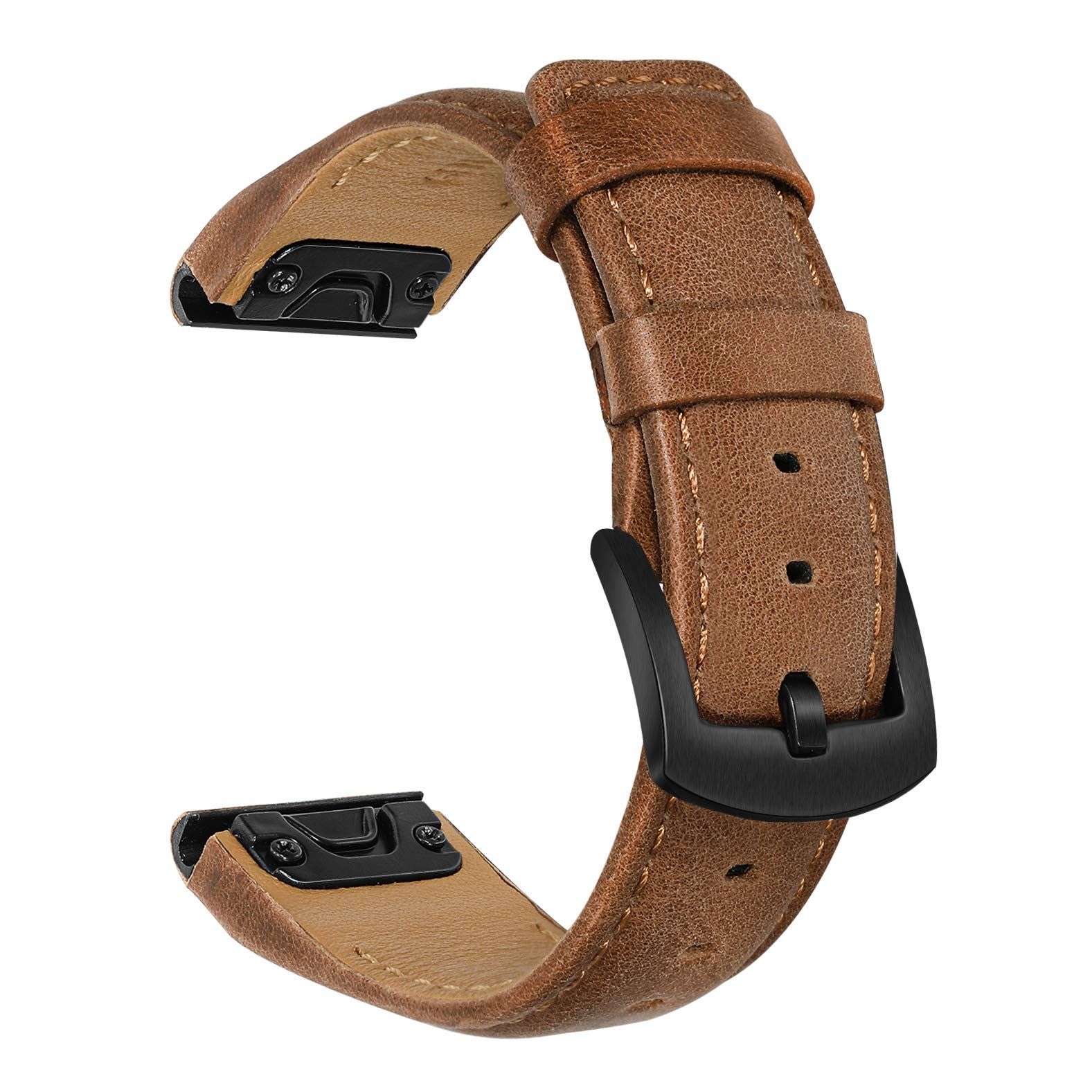 TRUMiRR 腕時計バンド Fenix 7 Sapphire Solar / 6 Pro / 5 Plus用 22mm クイックリリース簡単フィットウォッチバンド 本物の牛革ストラップ Garmin Instinct 2 / Approa [ダークブラウン]