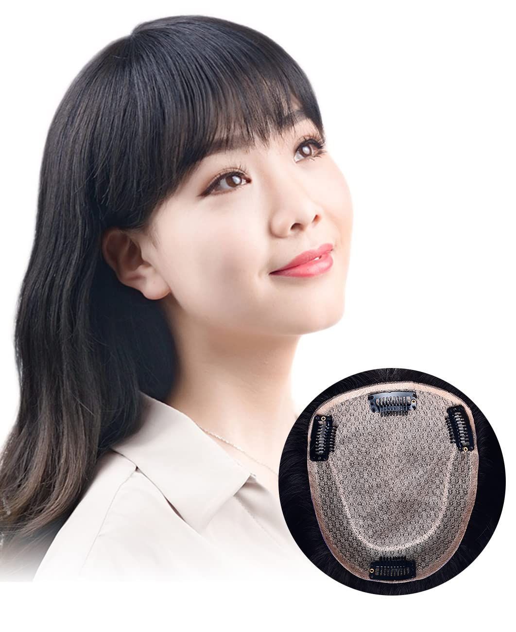 HIYE 前髪 医療用 部分ウィッグ かつら 脱毛症 付け毛 人毛 総手植え ロング ヘアーピース 栗色 ご自身の髪に合わせてカット|パーマ|ヘアーアイロンOK 自然色 30cm