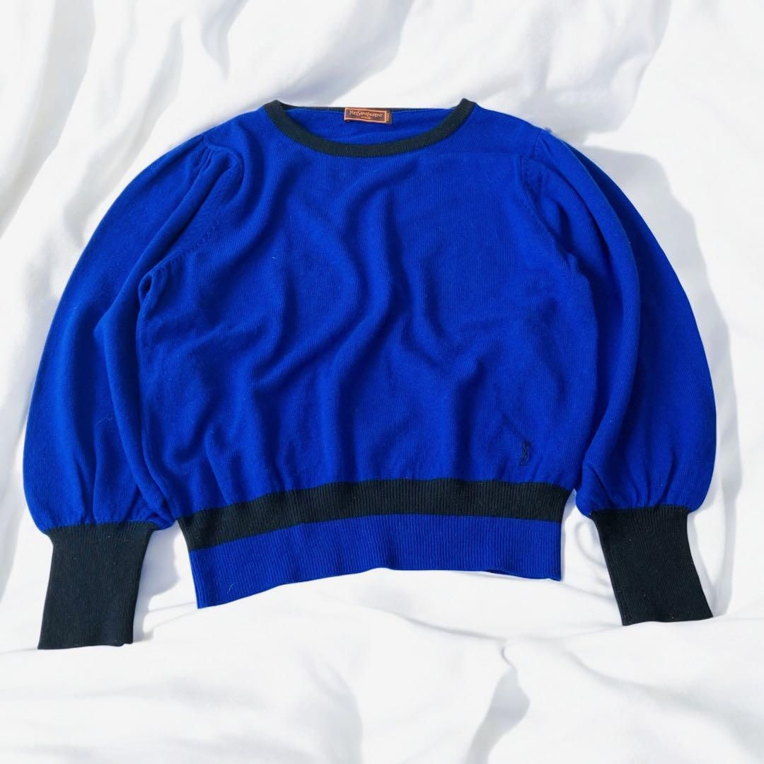イヴサンローランカシミヤ100％ 長袖 セーター レディース 青 ロゴ 刺繍