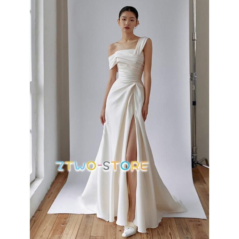 ワンショルダー ウェディングドレス 大きいサイズ 3L 4L 小さいサイズ ウェディングドレス 二次会 シンプル オフショルダー セクシー 前撮WPまとめ買い割引