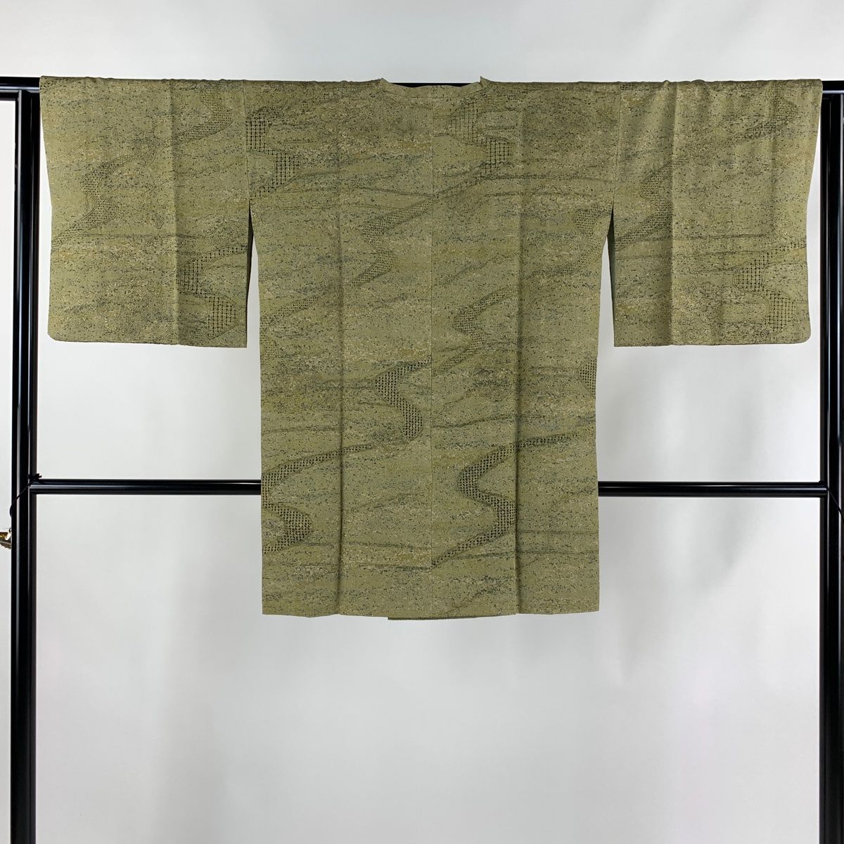 道行 身丈85.5cm 裄丈63cm S 和装コート 角衿 華文 流水 刺繍 灰緑 正絹 秀品