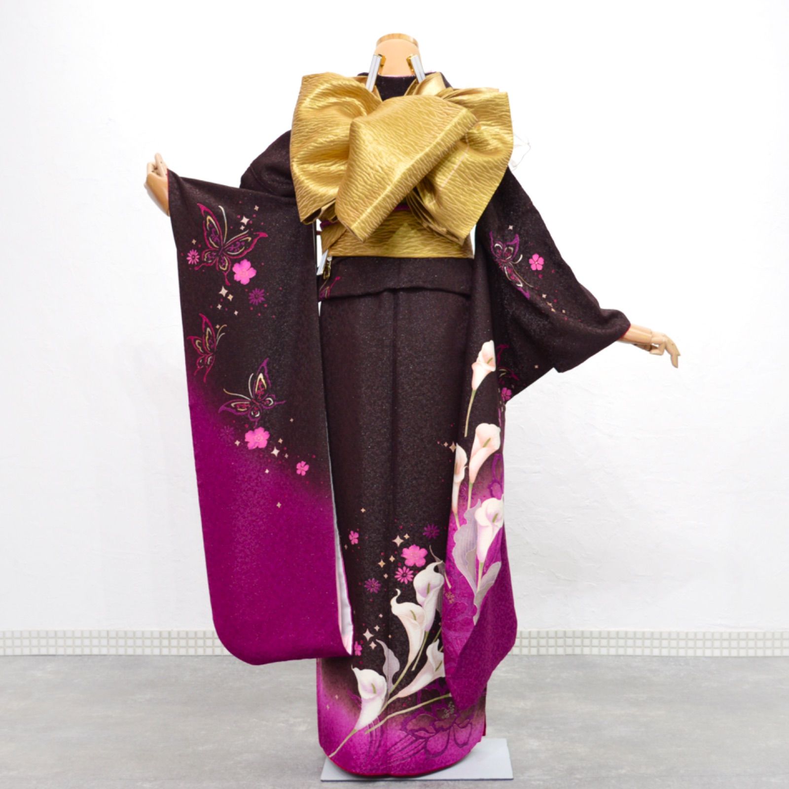 美品》正絹 振袖フルセット S〜Lサイズ 成人式 カラー 蝶々 振袖セット