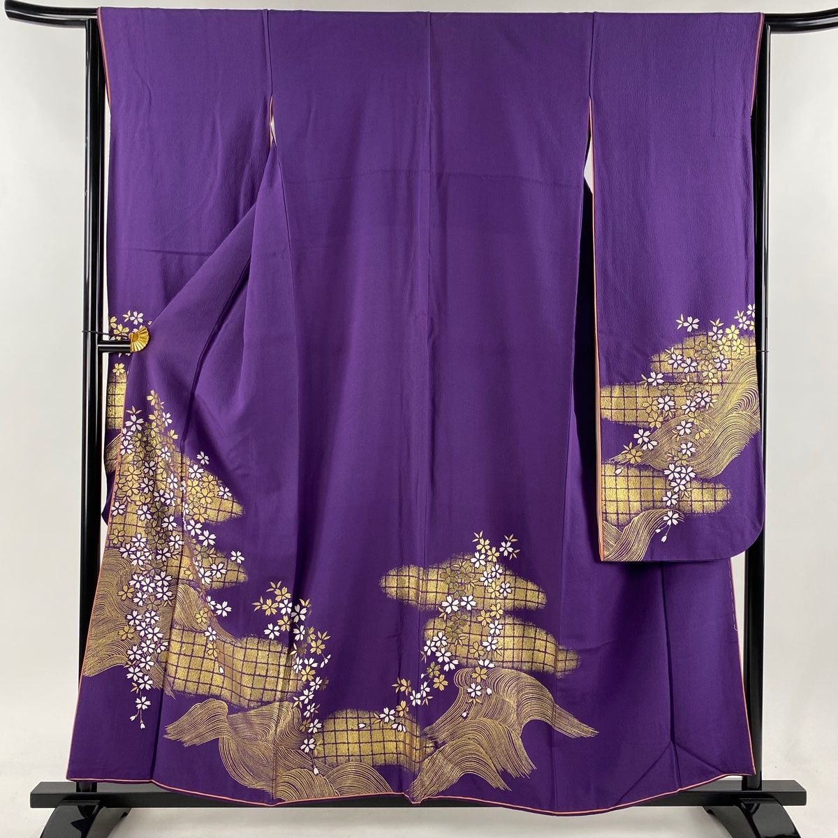 D420 振袖　藤の花　花車　金彩　正絹　着物　袷　　　極美品 最新作正統派古典 白/赤 御所車柄/牡丹柄 吉澤織物/最高級金彩手