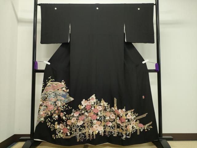 平和屋着物●豪華黒留袖 友禅 作家物 扇面舟花文 正絹 CAAY6785gh