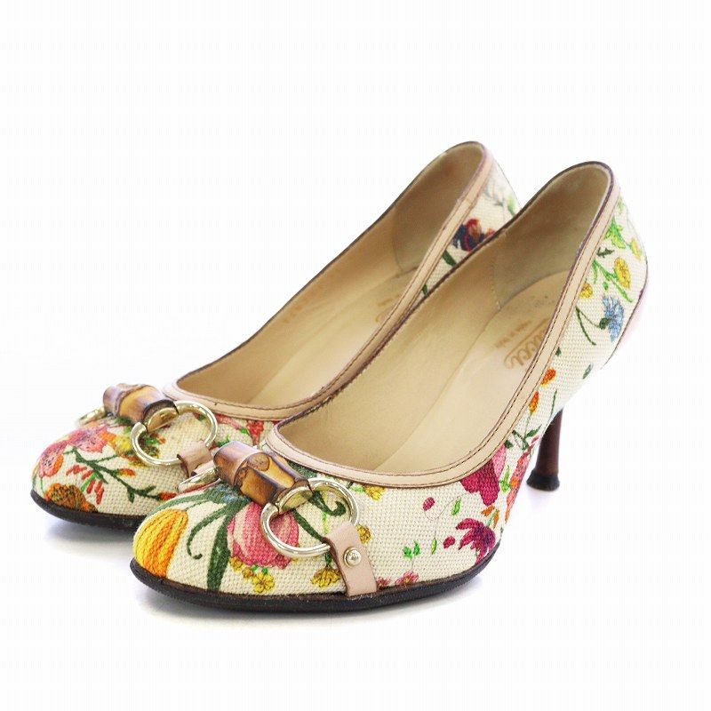 グッチ GUCCI バンブーフローラルパンプス ラウンドトゥ ハイヒール 花 