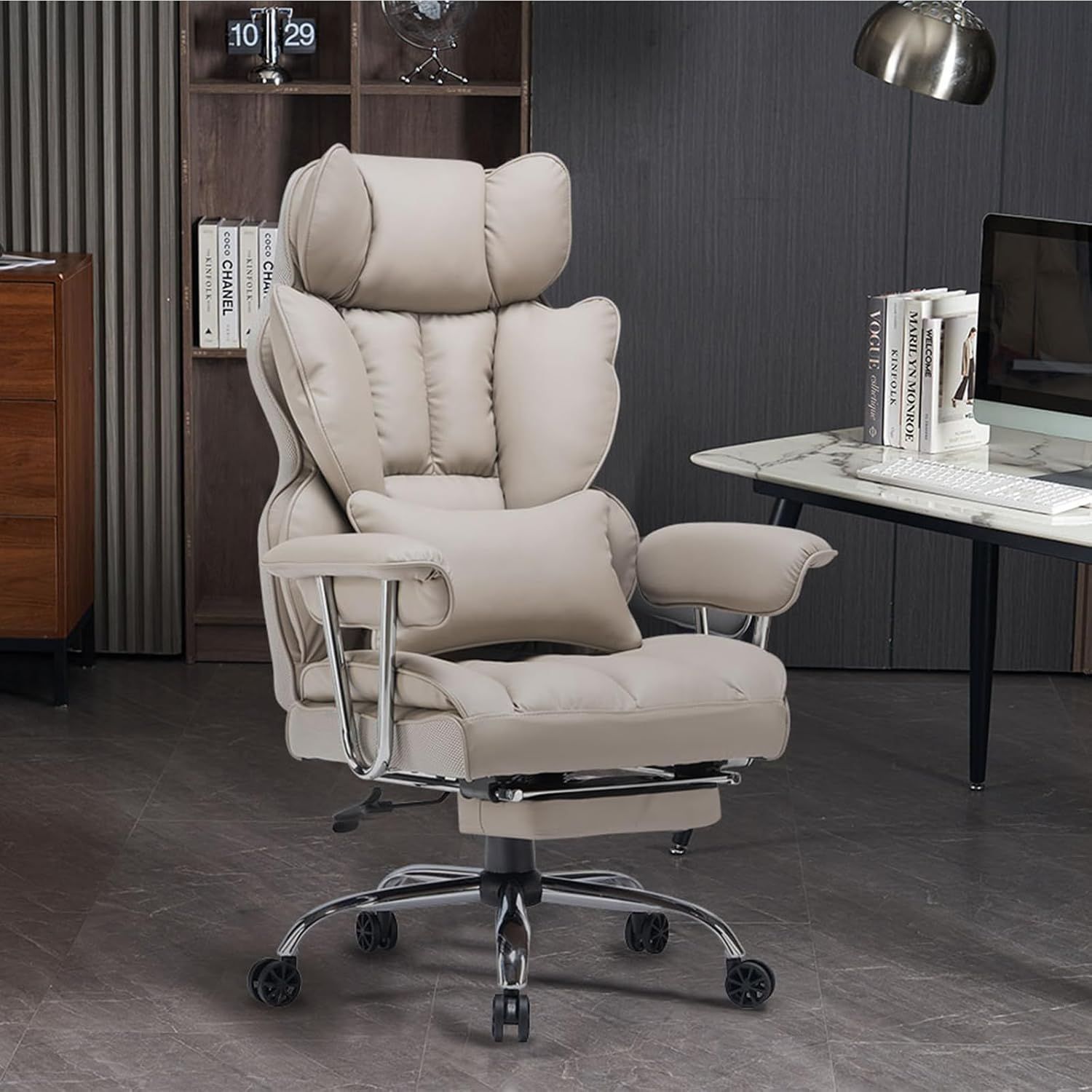 SKYE ゲーミングチェア オフィス デスクチェア ゲーム用 パソコン テレワーク 社長椅子 伸縮 のオットマン 座り心地最高 椅子 高さ調節機能 パソコンチェア PUレザー グレー