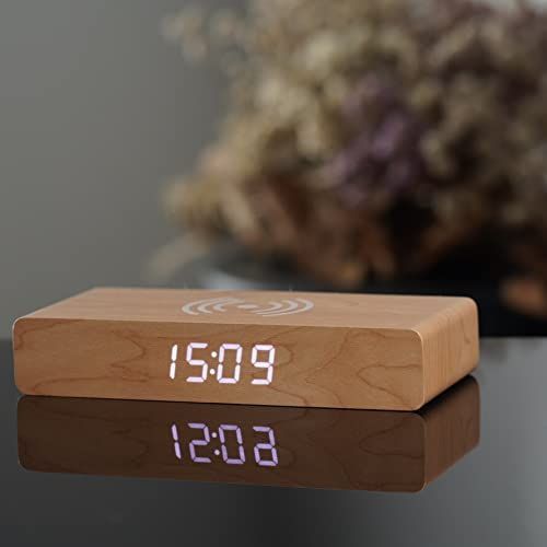 おしゃれ木目 WOOD SHOW Qi充電時計 デジタル 置き時計 ワイヤレス充電 目覚まし時計 スクエア 多機能 インテリア時計 卓上 クロック 木目 黒 薄型 USB給電 省スペース (おしゃれ木目)