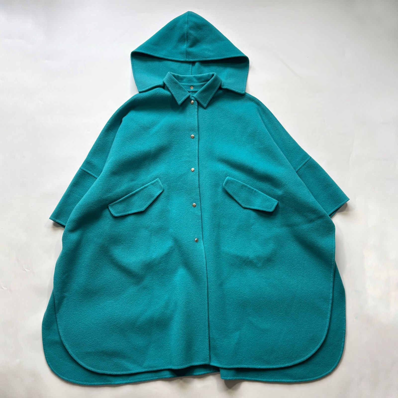 Drawer ドゥロワー ウール ケヌキ ポンチョ コート ターコイズブルー フード取り外し 36サイズ