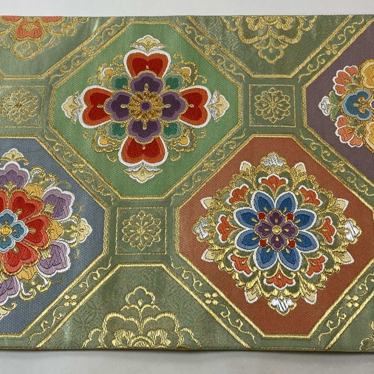 袋帯 美品 逸品 落款 蜀江華文 金銀糸 箔 薄緑 六通 正絹 【中古