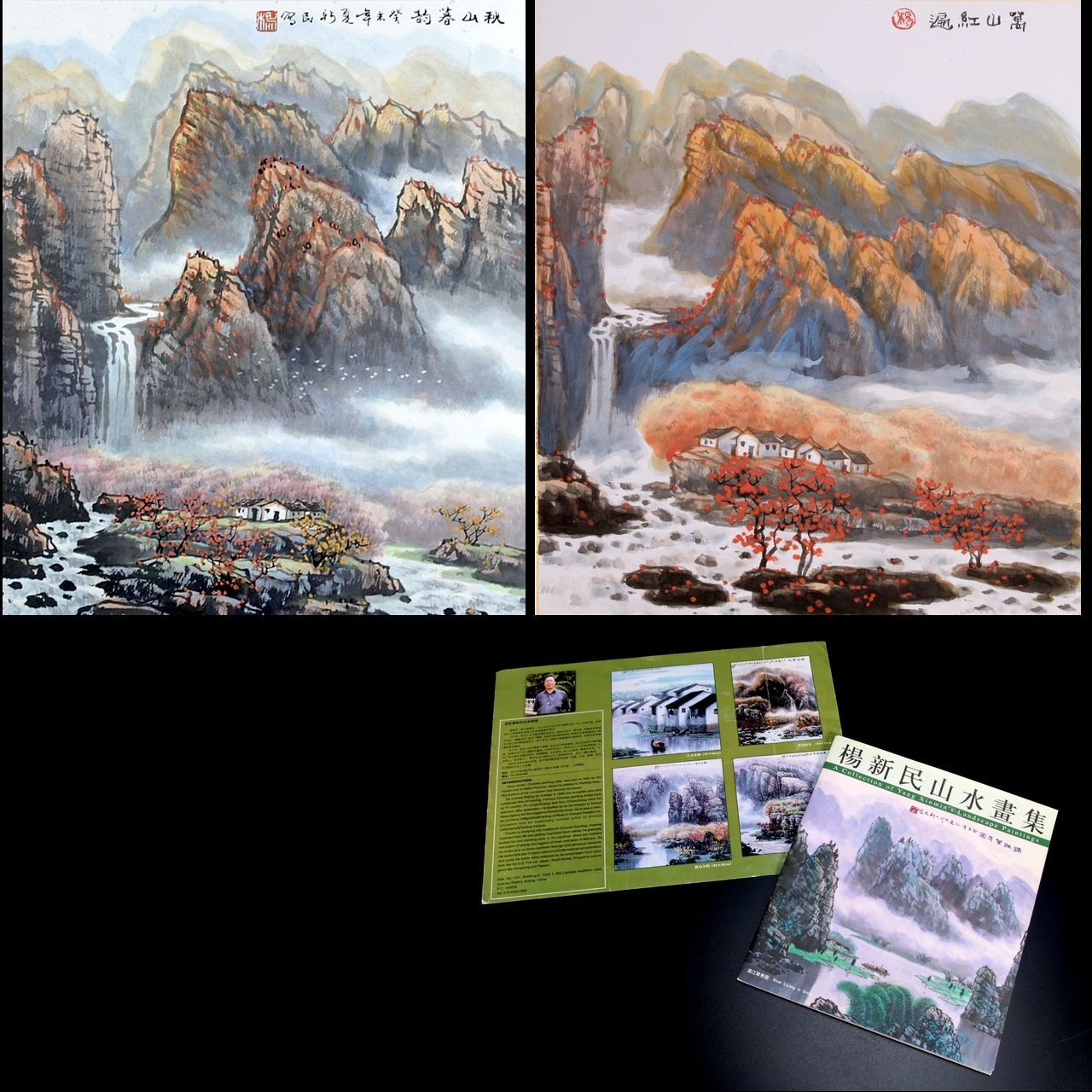 楊新民 「秋末色」 山水書 直筆水墨画 額装 色紙 2点纏めて 古